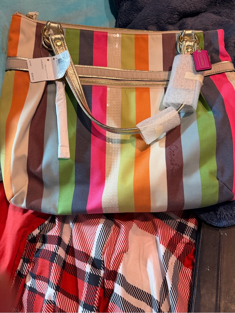 Coach Multicolor Vertical Stripe Tote with Gold Handles
